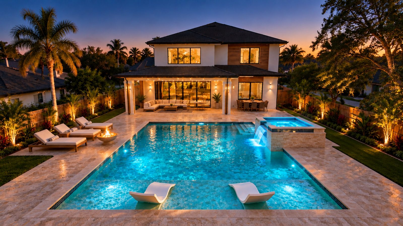 Backyard after: lit pool, spa and travertine deck at dusk